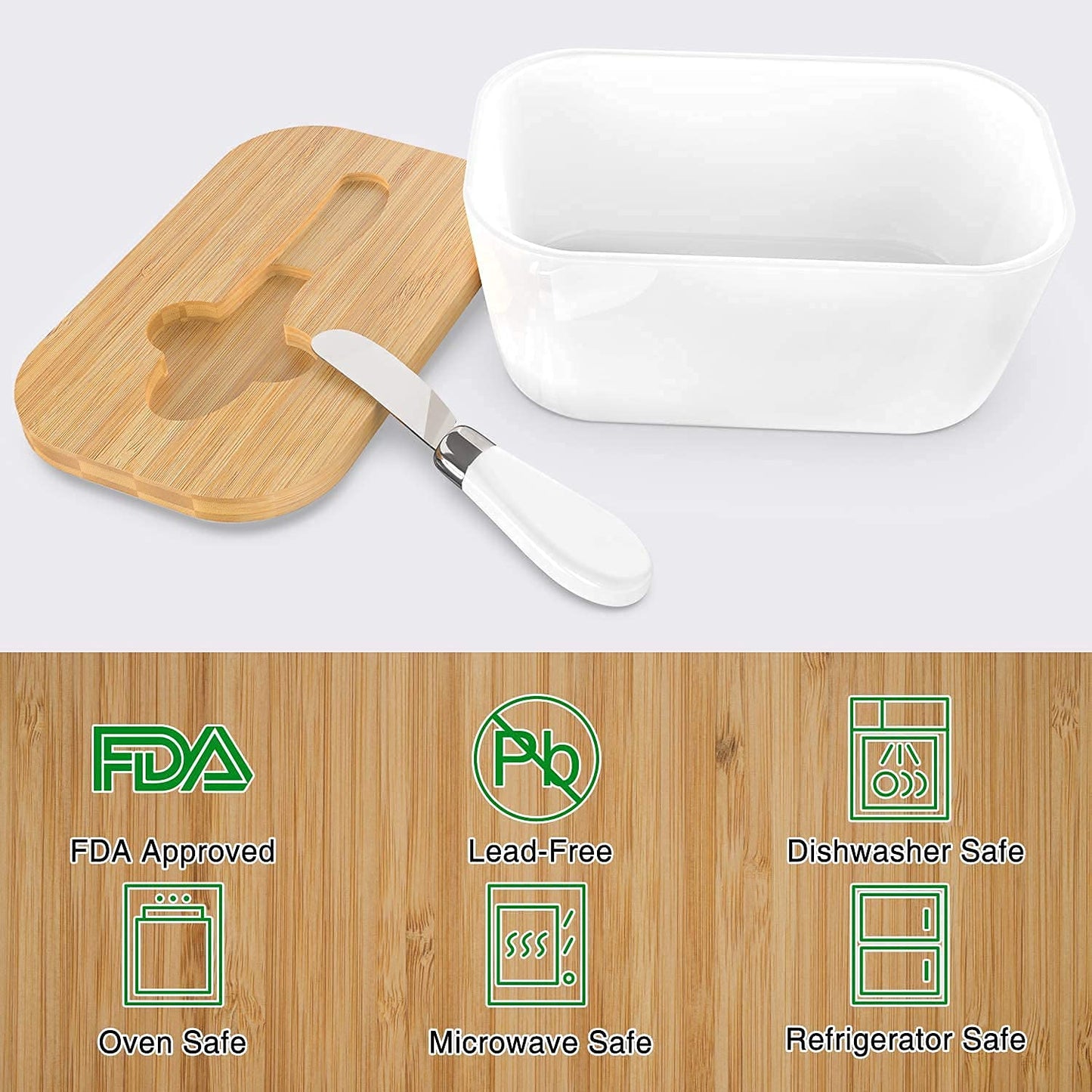 Ceramic Butter Dish with Wooden Lid & butter knife