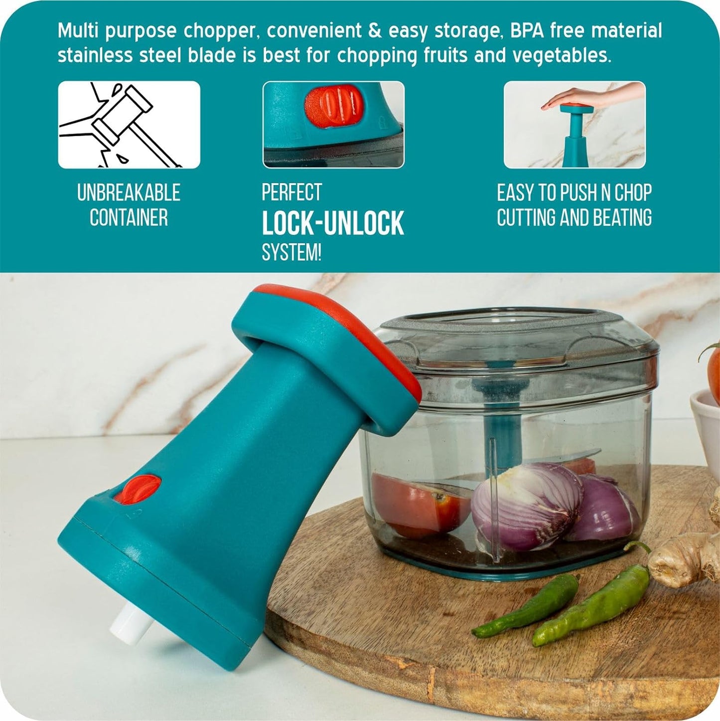 Manual Hand Press Push Chopper with 3 Blades for Effortless Chopping Vegetables & Fruits (Assorted, 650 ml, Plastic)