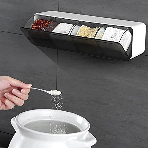 Portible Self adhesive wall mounted seasoning box With cover and spoon