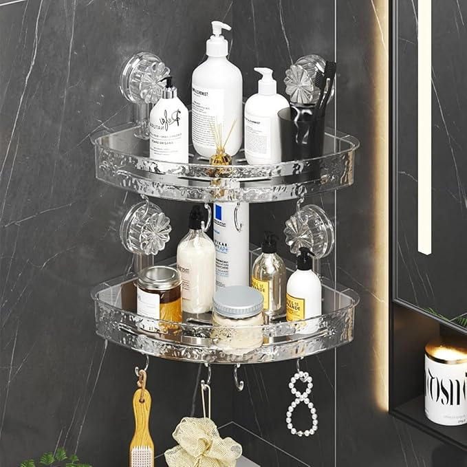 Suction Cup Corner Bathroom Shelf with Hooks